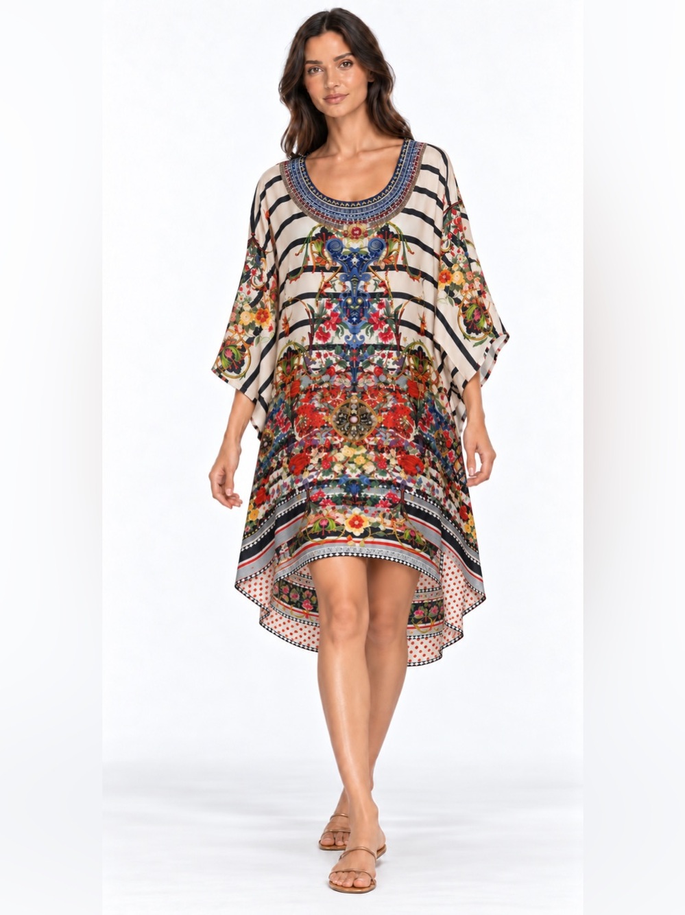 Camilla Silk Crystal Embellished High Low Kaftan Dress One Size